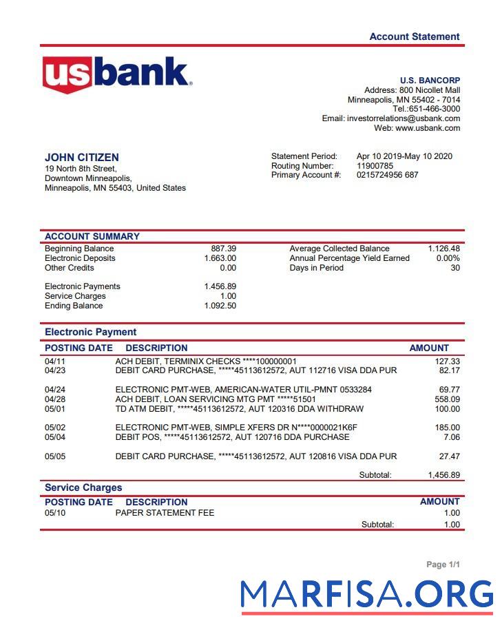 Printable USA Bancorp bank proof of address statement word real example